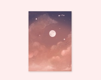 Moon and Stars Print | Mini Art Print | 5x7 Print | Celestial Print