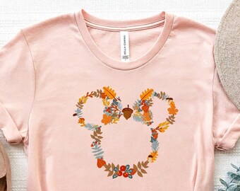 Camisas de otoño floral de Mickey de Disney, camisa de orejas florales de Halloween, camisas de regalos de acción de gracias, regalo para ella, camisas de otoño, camiseta de mujer de otoño