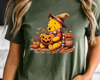 Halloween Winnie Bear Shirt, Cute Pumpkin Winnie the Pooh Tee, Disney Fall Shirt, Spooky Season Outfit,Cozy October Gift For Her Kids Family