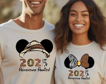 Disney adventure awaits shirts, Animal Kingdom Theme Park family shirts, 2025 Safari adventure, Mickey and Minnie family, Safari trip 2026