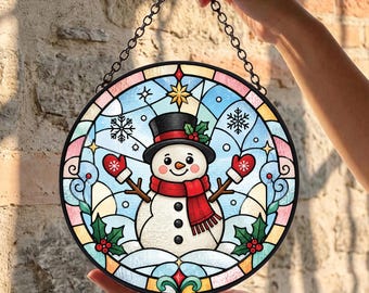 Christmas Stained Glass Ornament, Snowman Gingerbread Cupcake Suncatcher, Round Holiday Window Hanging, Festive Home Decor Gift Idea