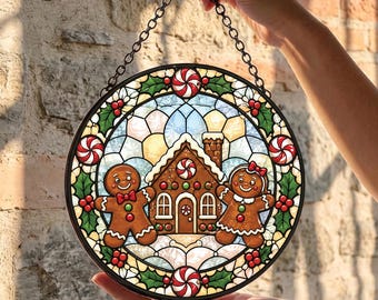 Gingerbread Christmas Suncatcher, Stained Glass Holiday Window Hanging, Candy Cane Gingerbread House Ornament, Festive Winter Decor