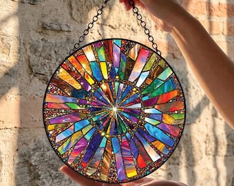 Abstract Stained Glass Suncatcher, Colorful Rainbow Spiral Window Hanging, Geometric Prism Suncatcher, Boho Home Decor Gift, Rainbow Gift