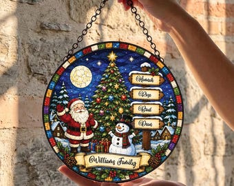 Personalized Family Christmas Suncatcher, Custom Name Holiday Ornament, Stained Glass Santa Window Hanging, Christmas Tree Family Keepsake