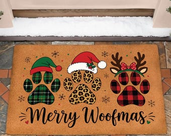 Merry Woofmas Christmas Doormat, Dog Paw Holiday Welcome Mat, Leopard Plaid Pet Lover Rug, Funny Christmas Porch Decor, Dog Mom Gift
