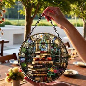 May include: A round stained glass panel featuring a stack of books, flowers, and a window scene. The panel is held by a black chain and has a decorative border with various colorful images. The panel is held up in front of a wooden table.