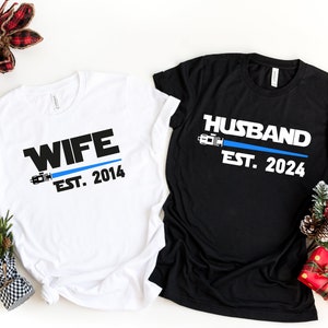 Disney Husband Est. 2024 and Wife Est. 2024 Couple Shirt, Custom Star Wars Matching T-Shirts, Husband & Wife  Gift, Hubby and Wifey Trip Tee