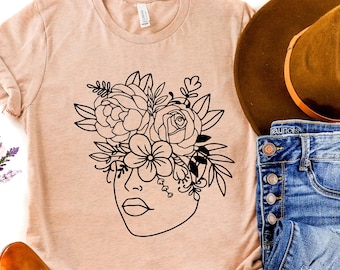 Floral Woman Face Outline Shirt, Retro Positive Vibes TShirt, Flower Shirt Gift for Her, Trendy Preppy Hippie Tee, Minimalist Line Art Shirt