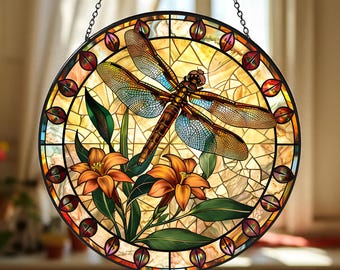 Dragonfly Flower Suncatcher, Stained Glass Style Window Hanging, Colorful Nature Inspired Home Décor, Unique Gift For Garden And Living Room
