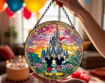 Disney Mickey and Minnie Magical Castle Suncatcher, Disney Couple Window Hanging, Stained Glass Castle Decor, Romantic Home Gift Ornament