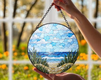 Coastal Path Ocean View Round Suncatcher, Beach Stained Glass Window Hanging Art, Seaside Home Decor, Ocean Gift for Beach Lovers Friend