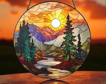 Stained Glass Mountain Suncatcher, Sunset Window Hanging Art, Nature Landscape Ornament, Mountain Range Home Decor Gift, Scenic Wall Catcher