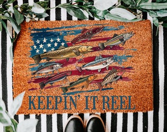 Patriotic Fishing Doormat, Keepin It Reel Welcome Mat, Rustic USA Lake House Fisherman Decor, Funny American Flag Outdoor Entry Rug