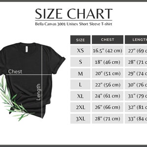 Pode incluir: Camiseta preta unissex Bella Canvas 3001 de manga curta com tabela de tamanhos. A tabela lista tamanhos de XS a 3XL, com medidas de peito de 42 cm a 71 cm e comprimentos de 69 cm a 84 cm.