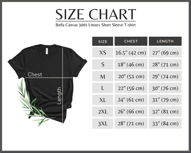 Pode incluir: Camiseta preta unissex Bella Canvas 3001 de manga curta com tabela de tamanhos. A tabela lista tamanhos de XS a 3XL, com medidas de peito de 42 cm a 71 cm e comprimentos de 69 cm a 84 cm.
