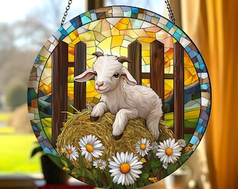 Lamb Meadow Suncatcher Window Hanging Decor, Stained Glass Baby Lamb Artwork For Bright Homes, Floral Farm Scene Ornament With Warm Country