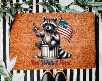 Red White And Feral Raccoon Doormat, Funny 4th of July Welcome Mat, Patriotic Animal Door Rug, USA Independence Day Porch Decor Gift