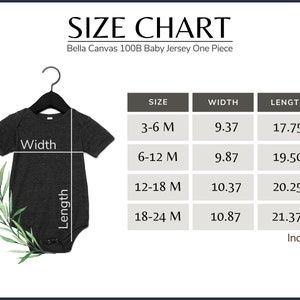 May include: Size chart for a baby jersey one-piece, showing measurements in inches for width and length. The chart includes sizes from 3-6 months to 18-24 months.