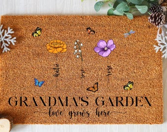 Custom Birthflower Welcome Mat, Personalized Grandma Garden Doormat, Love Grows Here Front Door Rug, Family Birth Month Flower Gift