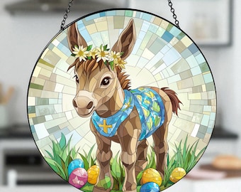 Easter Donkey Suncatcher Window Hanging Decor, Stained Glass Floral Crown And Cross Design, Spring Faith Artwork, Bright Religious Ornament