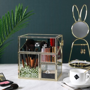 Elegant Vanity Large Comestic Storage,Gold Dresser Beauty Display with Open Lid, Great for Storage Perfumes and Makeup