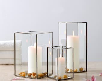 Set of 3 Square Glass Hurricane Candle Holders