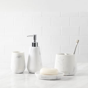QL DESIGN Marble Style Set of 4 Bathrooms Accessories,Polyresin Ensemble-Lotion Dispenser/Toothbrush Holder/Soap Dish/Tumbler Cup