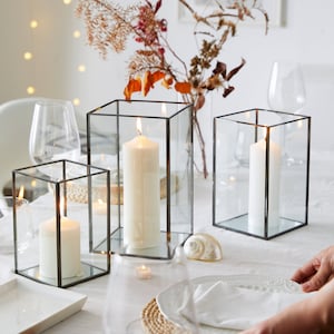 Set of 3 Square Glass Hurricane Candle Holders