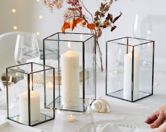 Set of 3 Square Glass Hurricane Candle Holders