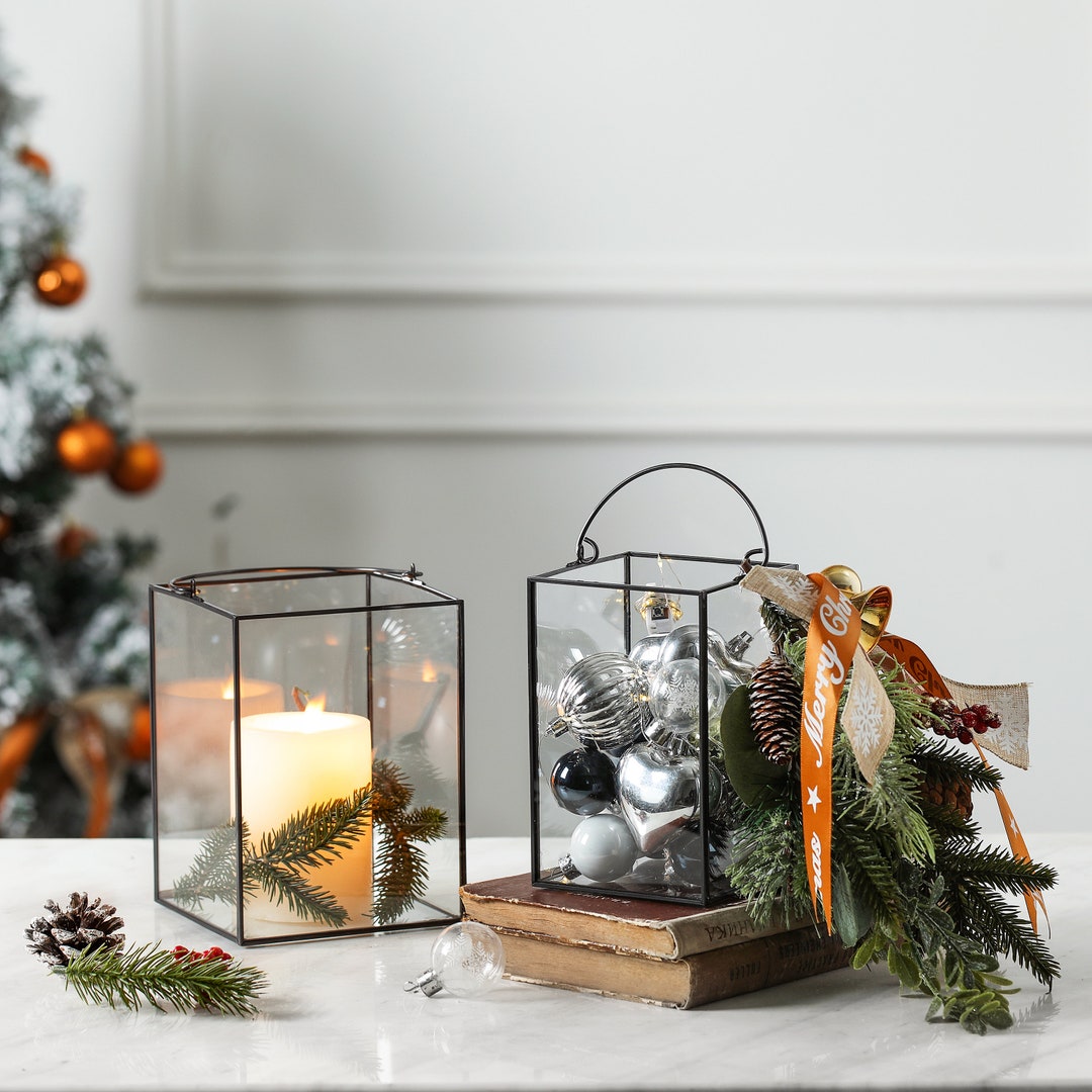 Set of 2 Square Glass Hurricane Candle Holders With Handle, Clear Glass