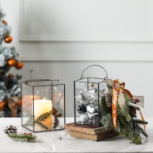 Set of 2 Square Glass Hurricane Candle Holders with Handle, Clear Glass Framed in Black-Finish Brass , Great for Holiday Decor.