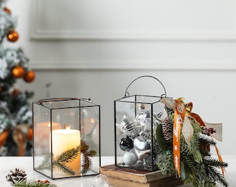 Set of 2 Square Glass Hurricane Candle Holders with Handle, Clear Glass Framed in Black-Finish Brass , Great for Holiday Decor.