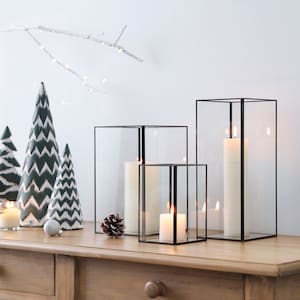 Set of 3 Square Glass Hurricane Candle Holders, Clear Tempered  Glass Framed in Black-Finish Brass , Great for Home and Wedding Decor .