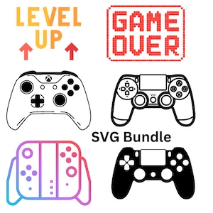 Könnte beinhalten: Ein Satz von fünf SVG-Dateien mit verschiedenen Designs für Videospielcontroller. Die Designs umfassen einen klassischen Controller, einen Xbox-Controller, einen Playstation-Controller, einen Nintendo Switch-Controller und ein "Game Over"-Schild.