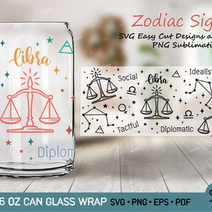 LIBRA - Zodíaco - Horóscopo Svg Png para Libbey Glass Can 16 oz, Signos del Zodíaco Vidrio Puede Envolver, Libar Astrología SVG PNG para lata de vidrio de café