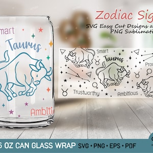 TAURO - Zodíaco - Horóscopo Svg Png para Libbey Glass Can 16 oz, Signos del Zodíaco Vidrio Puede Envolver, Astrología Tauro SVG PNG para lata de vidrio de café
