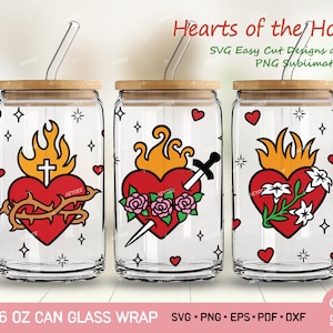 Hearts of the Holy Libby Glass Can Svg, Sacred Heart of Jesus, Immaculate Heart of Mary, Pure Heart of Saint Joseph Svg Libby Glass Can 16oz