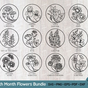 Naissance mois fleurs Bundle SVG PNG, couronne de fleurs Svg Bundle, Svg botanique dessinés à la main, naissance fleurs tatouage conception fichiers Svg pour Cricut
