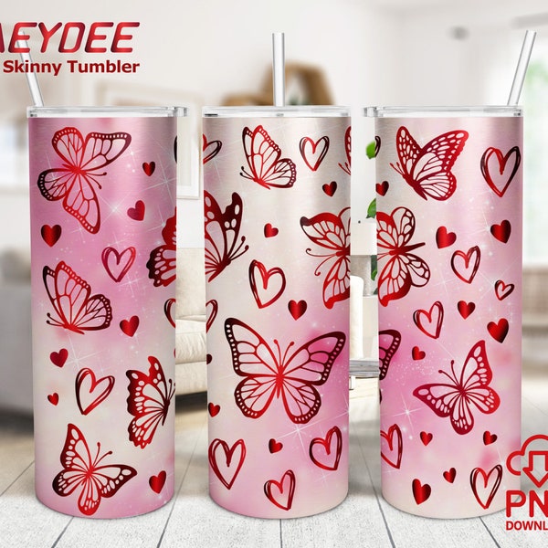 Butterflies & Hearts 20 oz Skinny Tumbler Sublimation Design, Butterfly Heart Valentine's Day PNG Full Wrap Sublimation for Straight Tumbler