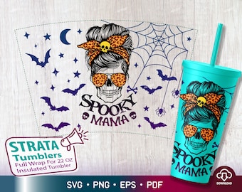 Spooky Mama Svg for Strata Tumblers 22 oz, Halloween Spooky Mama Svg, Halloween Mom Full Wrap Svg, Skull Messy Bun Strata tumbler Wrap Svg