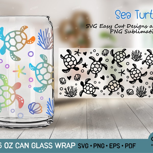 Sea Turtle Svg Png for Libbey Glass Can 16 oz, Turtles Glass Can Svg Png files - Sea Turtle Svg Cut file Png Sublimation for Glass Can 16 oz