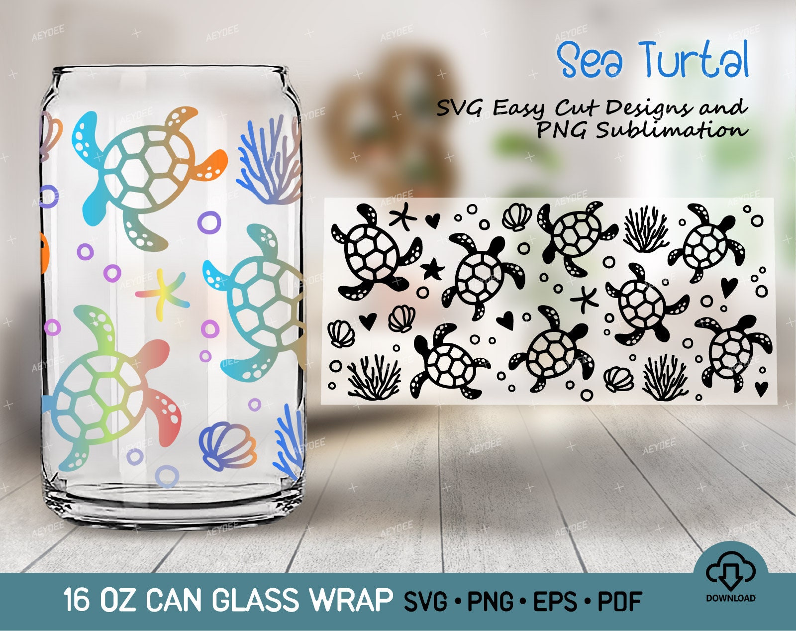 Sea Turtle Svg Png for Libbey Glass Can 16 oz, Turtles Glass Can Svg Png files - Sea Turtle Svg Cut file Png Sublimation for Glass Can 16 oz