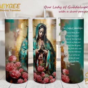 Virgen de Guadalupe voor 20oz Skinny Tumbler, Onze Lieve Vrouw van Guadalupe met een kort gebed, Mexicaans Spaans Latijns Png Sublimatie Design