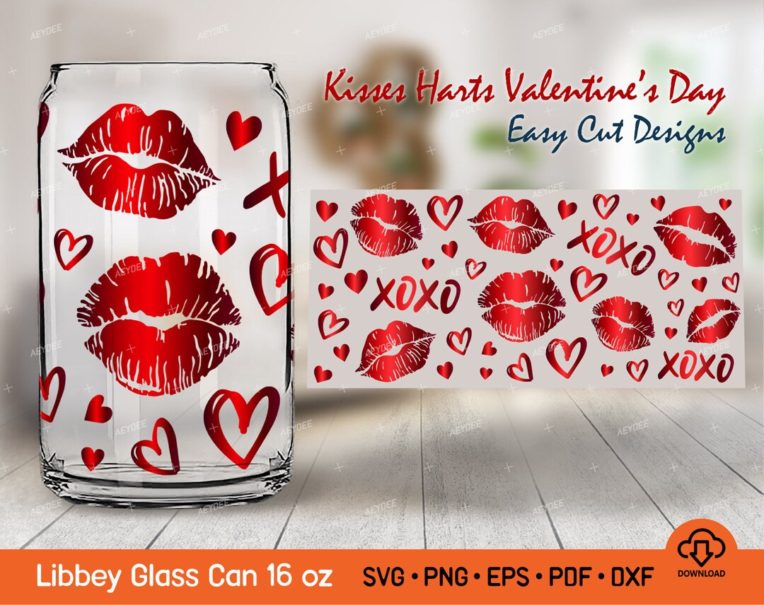 Kisses Hearts & XOXO Valentine's Day Full Wrap for Libbey Glass Can ...