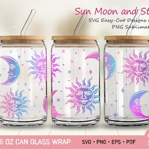 Sun Moon and Star Full Wrap for  Libbey Glass Can 16oz, Star and Celestial Libbey Can Svg, Celestial Sunshine 16oz Can glass wraps