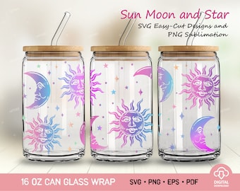 Sun Moon and Star Full Wrap for  Libbey Glass Can 16oz, Star and Celestial Libbey Can Svg, Celestial Sunshine 16oz Can glass wraps