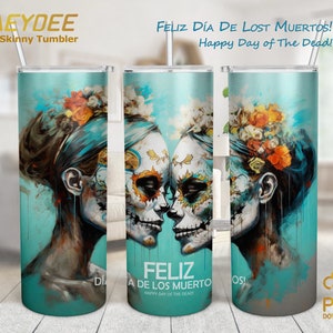 Calavera de Azúcar - Día de los Muertos - Día de Muertos Vaso Flaco de 20oz, Vaso de flores Catrina, Diseño de Sublimación Feliz Día de Muertos
