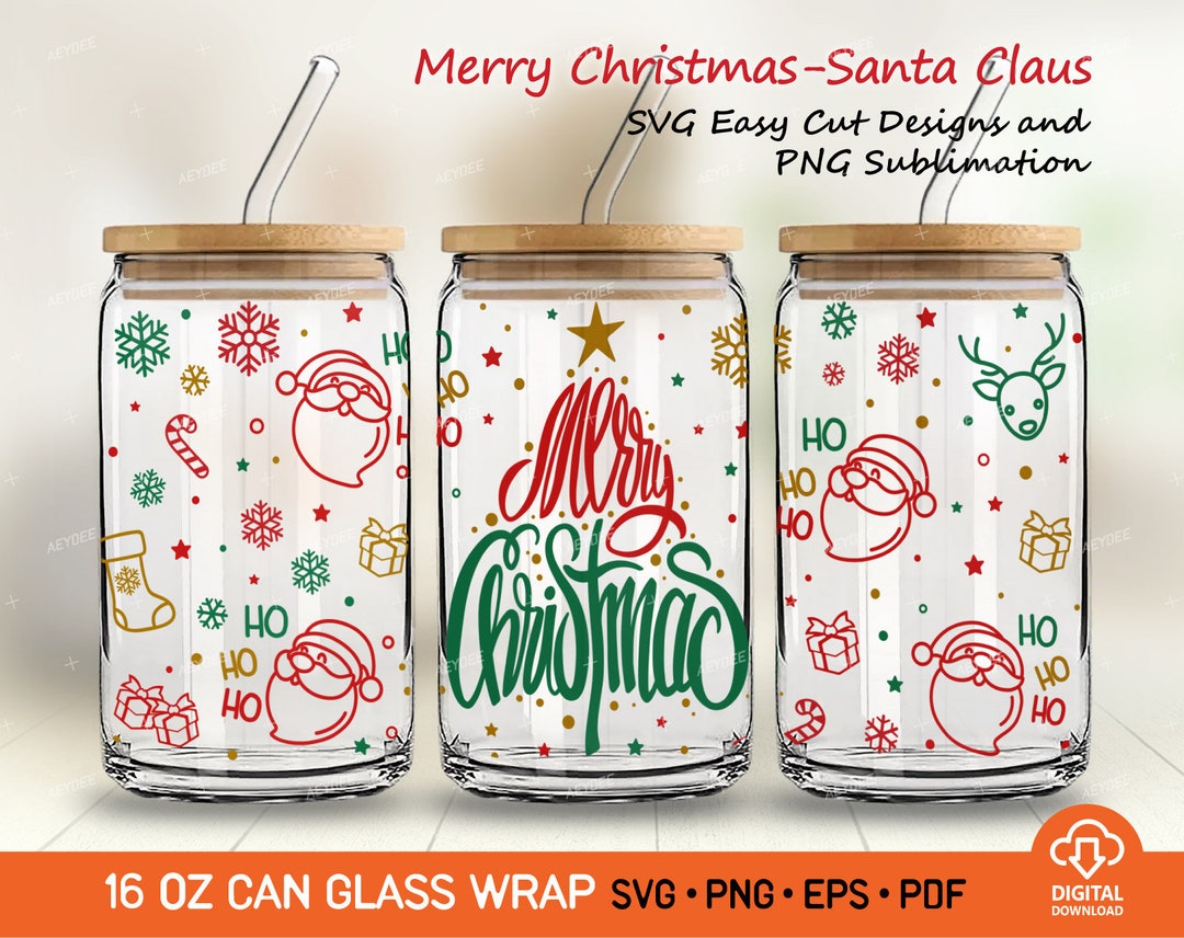 Merry Christmas 16oz Libbey Glass Can Svg Png, Christmas Santa Claus ...