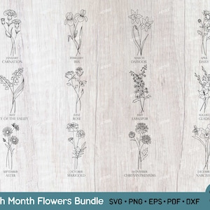 Birth Month Flowers SVG PNG, Floral Svg Bundle, Hand drawn botanical clipart, Birth flowers Svg Files For Cricut, Png, Eps, Dxf