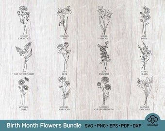 誕生月の花 SVG PNG、花の SVG バンドル、手描きの植物のクリップアート、Cricut 用の誕生月の花 SVG ファイル、Png、Eps、Dxf